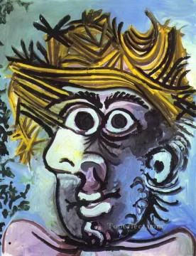 Tete d homme au chapeau de paille 1971 Cubist Oil Paintings